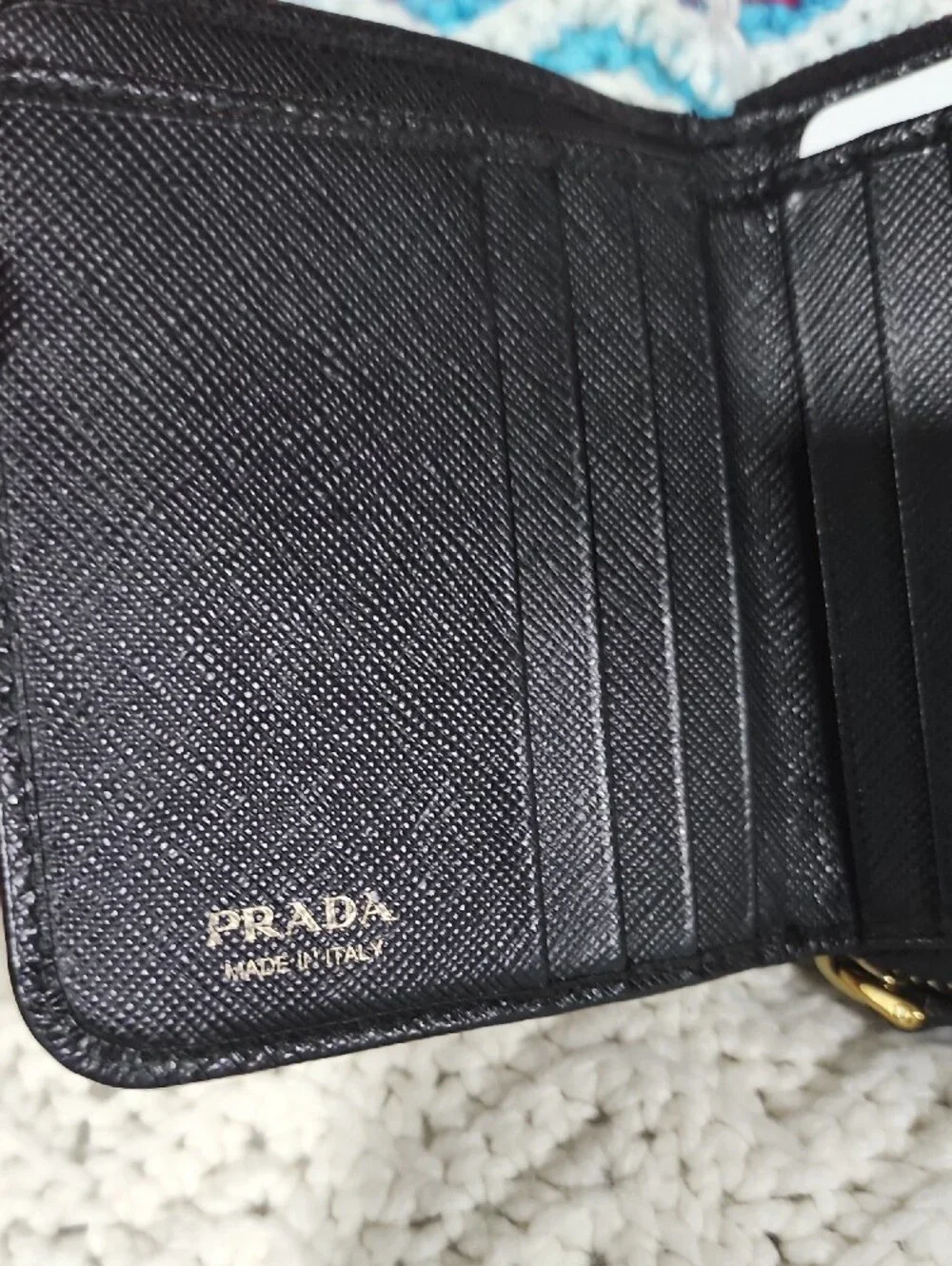 Prada Black Saffiano Leather Zip Wallet with Gold Logo